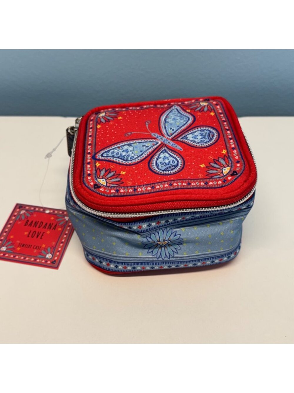 Brighton "Bandana Love" Travel Jewelry Case Organizer 6 Pouches Red & Blue Paisl